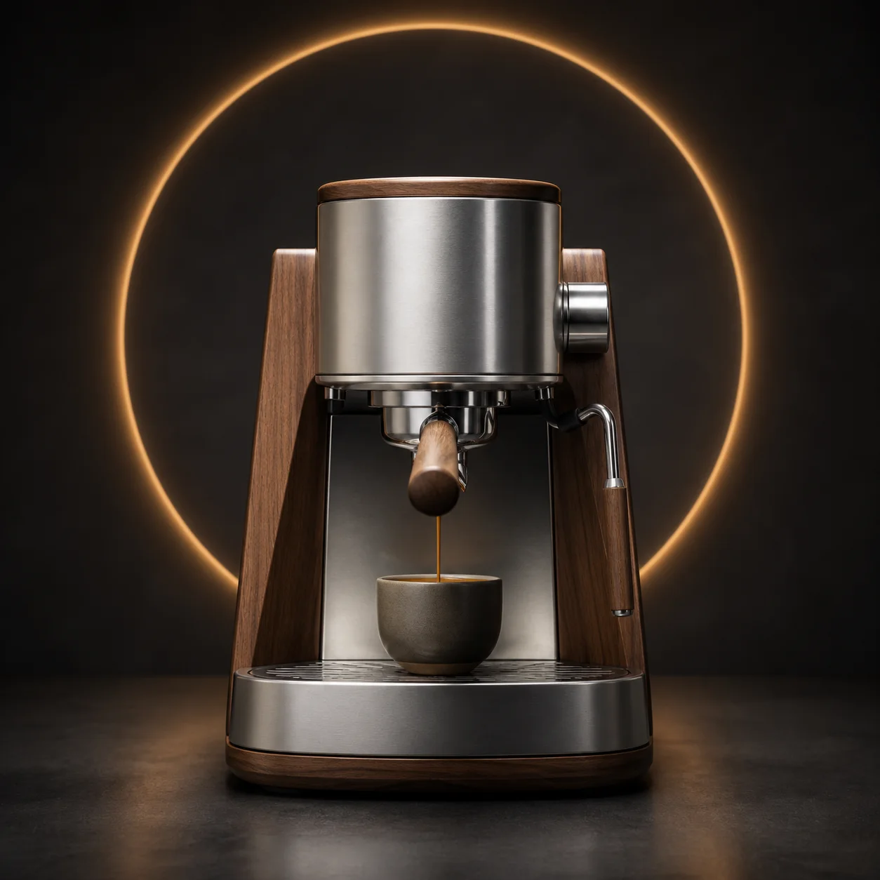 A stainless and walnut espresso machine lit for a product page