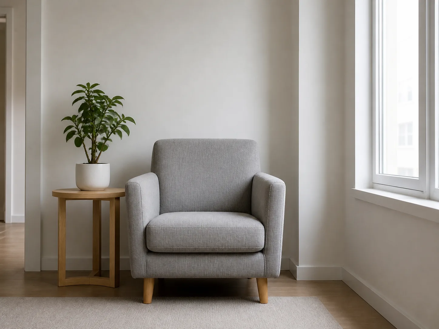 A grey armchair in a plain apartment corner before editing
